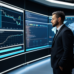 A professional male engineer in a modest, dark business suit, standing confidently in a brightly lit, futuristic industrial control room. He is observing a large, transparent display screen that presents a sophisticated 3D digital twin model of complex factory machinery, surrounded by real-time operational data, predictive analytics dashboards, and vibrant graphs. The scene emphasizes advanced technology, efficiency, and real-time insight. fully clothed, appropriate attire, safe for work, perfect anatomy, correct proportions, natural pose, well-formed hands, proper finger count, natural body proportions, professional photography, high quality, appropriate content.