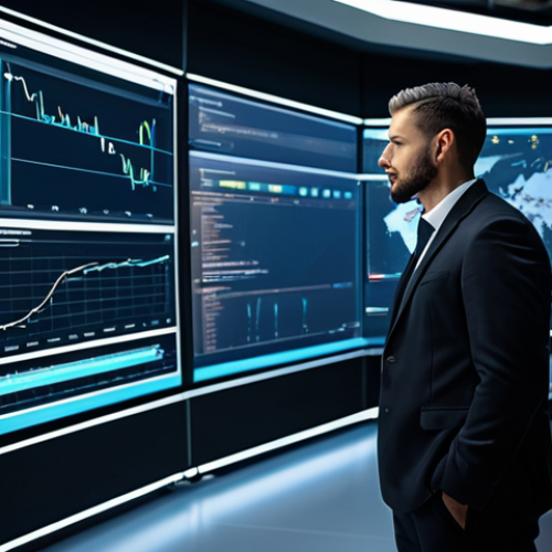 A professional male engineer in a modest, dark business suit, standing confidently in a brightly lit, futuristic industrial control room. He is observing a large, transparent display screen that presents a sophisticated 3D digital twin model of complex factory machinery, surrounded by real-time operational data, predictive analytics dashboards, and vibrant graphs. The scene emphasizes advanced technology, efficiency, and real-time insight. fully clothed, appropriate attire, safe for work, perfect anatomy, correct proportions, natural pose, well-formed hands, proper finger count, natural body proportions, professional photography, high quality, appropriate content.